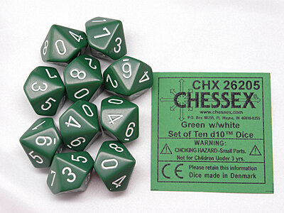 CHX 26205 Opaque Green/white D10 Dobbelsteen Set (10 stuks)