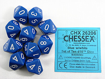 ChX 26206  Opaque Blue/white D10 Dobbelsteen Set (10 stuks)