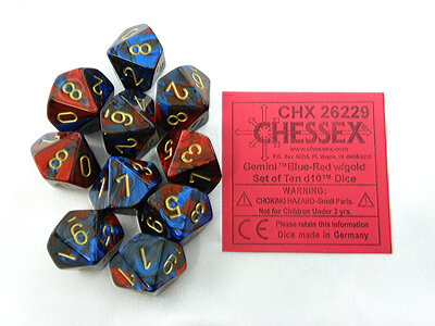 CHX 26229 Gemini Blue-Red/gold D10 Dobbelsteen Set (10 stuks)