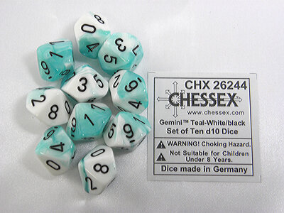 CHX 26244 Gemini White-Teal/black D10 Dobbelsteen Set (10 stuks)