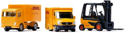 Siku DHL logistiek geschenkset inclusief vrachtwagen heftruck bezorgwagen pallets en pakketten metaal/kunststof geel bewegende onderdelen