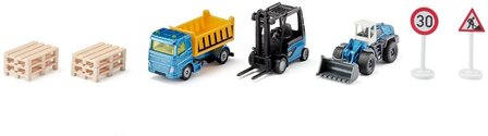 Siku cadeauset bouwplaats incl. vrachtwagen heftruck wiellader 6 pallets 2 verkeersborden metaal/kunststof geel/blauw bewegende delen