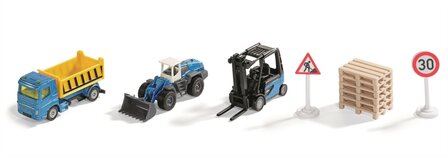 Siku cadeauset bouwplaats incl. vrachtwagen heftruck wiellader 6 pallets 2 verkeersborden metaal/kunststof geel/blauw bewegende delen