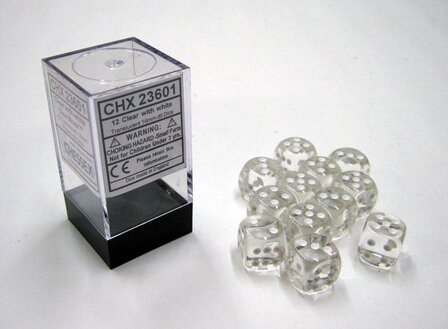 CHX 23601 Translucent Clear/white D6 16mm Dobbelsteen Set (12 stuks)