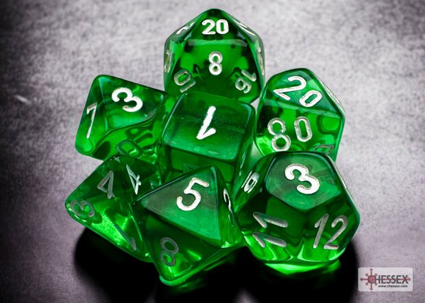 CHX 20375 Translucent Mini-Polyhedral Green/white Dobbelsteen Set (7 stuks)