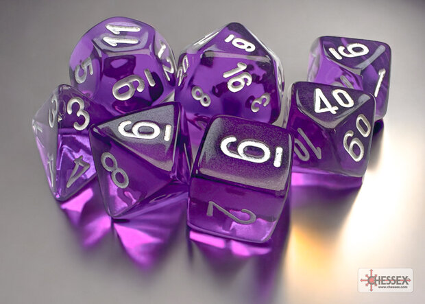 CHX 20377 Translucent Mini-Polyhedral Purple/white Dobbelsteen Set (7 stuks)