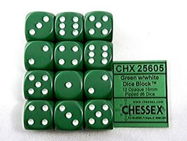 CHX 25605 Opaque Green/white D6 16mm Dobbelsteen Set (12 stuks)