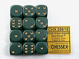 CHX 25615 Opaque Dusty Green/gold D6 16mm Dobbelsteen Set (12 stuks)